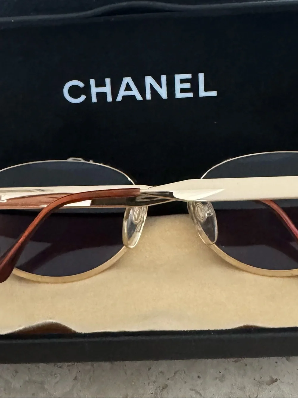 CHANEL Vintage Gold Frame Oval Smoke Lens Sunglasses